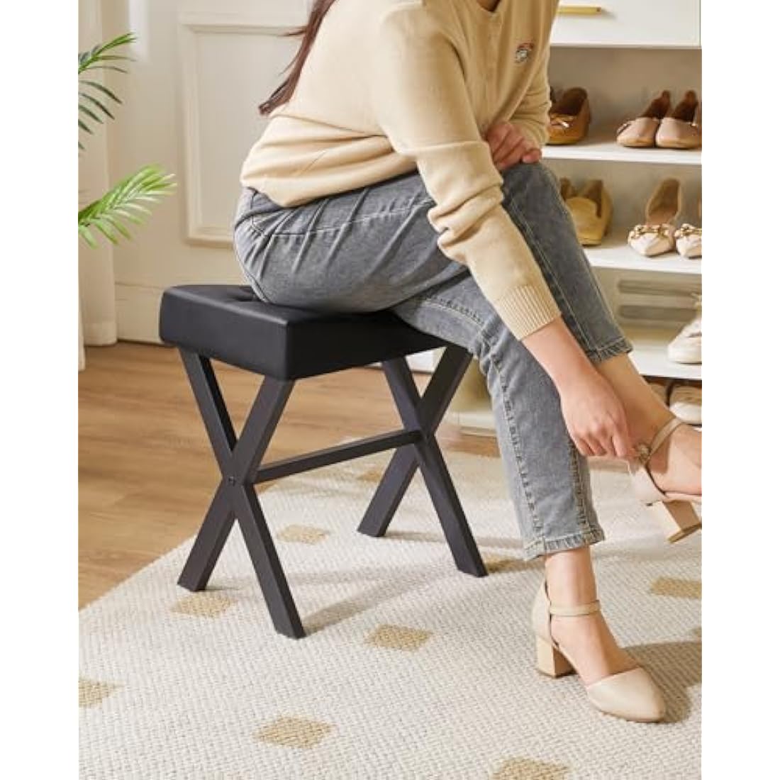 IBUYKE U-shaped PU Vanity Stool, Square Makeup Stool with X-Leg, Ottoman Seat Footrest Stool, Multi-Use as Small Side Table, for Bedroom, Living Room, Black WBD019B