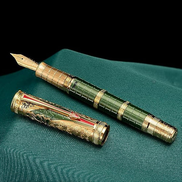 Hongdian D5 Qin Dynasty Fountain Pen Green Gold, Fine Nib Piston Filling Pen with Box Set
