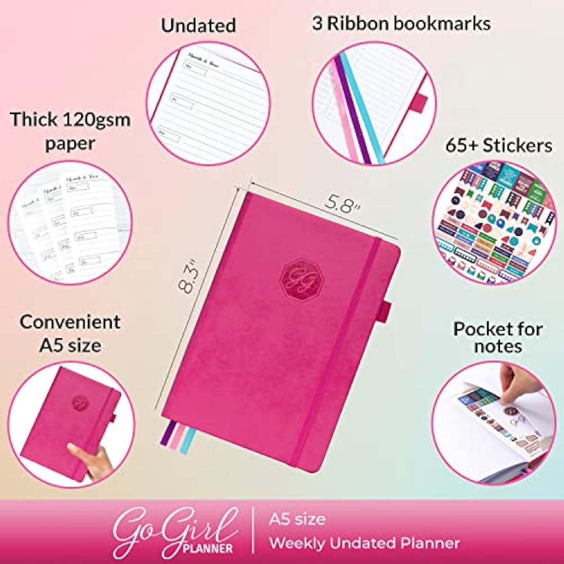 GoGirl Planner and Organizer for Women – A5 Weekly Agenda, Goals Journal to Improve Time Management & Productivity (Hot Pink)