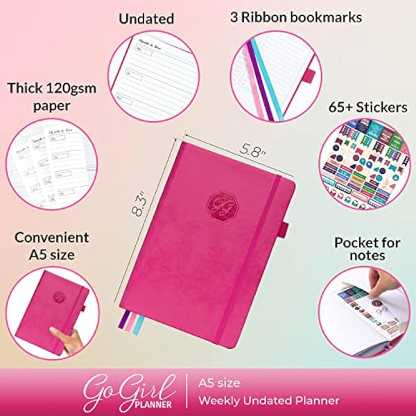 GoGirl Planner and Organizer for Women – A5 Weekly Agenda, Goals Journal to Improve Time Management & Productivity (Hot Pink)