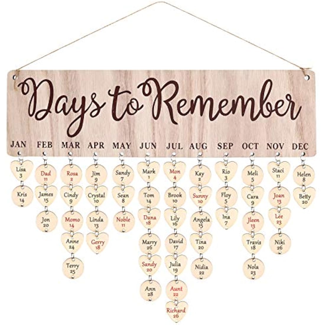 GOTH Perhk Wooden Calendar Birthday Reminder Wall Hanging with Tags, DIY Hanging Wooden Birthday Reminder Calendar, Handmade Ornaments for Family Friends Birthday Reminder Home Wall Decor