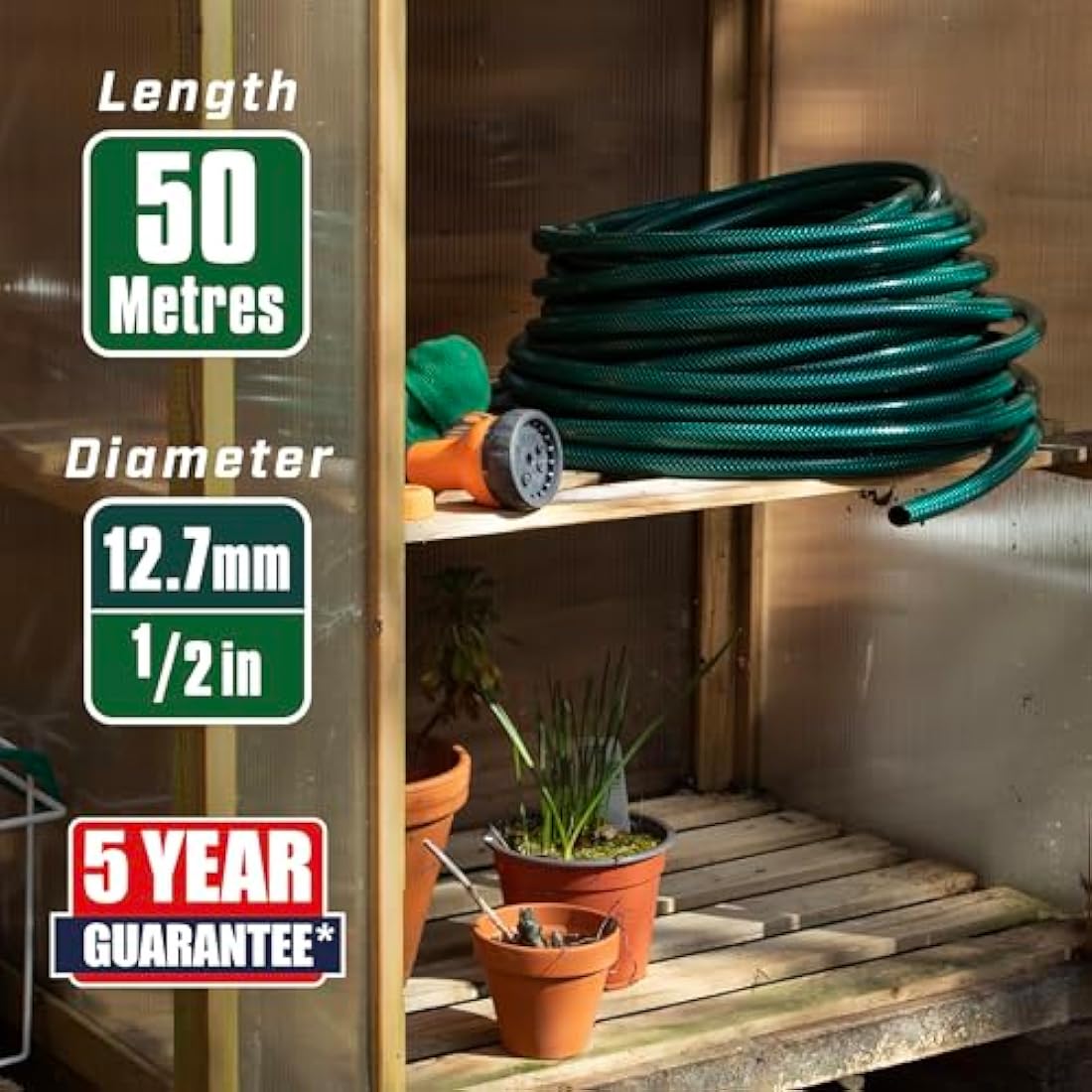 Faithfull 50M (164ft) Reinforced Hose Kit – PVC Garden Hose Pipe with 3 Fittings & Multipattern Spray Gun