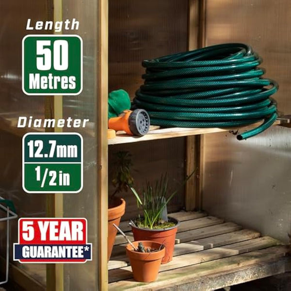 Faithfull 50M (164ft) Reinforced Hose Kit – PVC Garden Hose Pipe with 3 Fittings & Multipattern Spray Gun