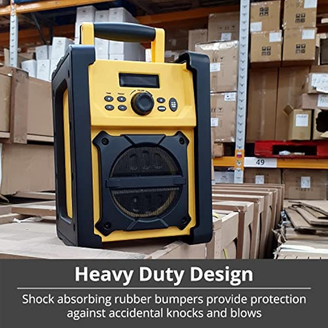Ex-Pro Job Site FM Radio with Bluetooth, IPX5 Water Resistant Portable Heavy Duty Speaker with AUX In, 20 Presets & Carry Handle, Battery or Mains Powered - Yellow