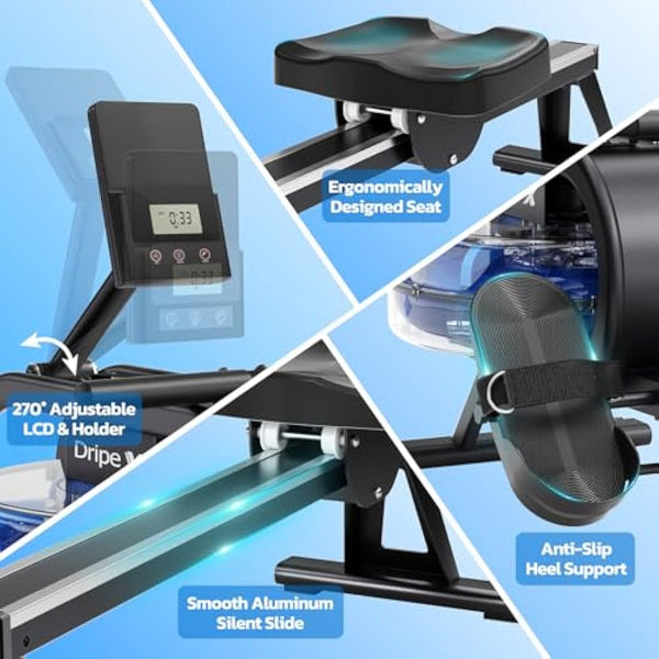 Dripex Rowing Machines for Home Gym, Water Rowing Machine, Adjustable 6 Levels Water Resistance, 150KG Weight Capacity, Bluetooth, LCD Monitor & Tablet Holder for Full Body Workout