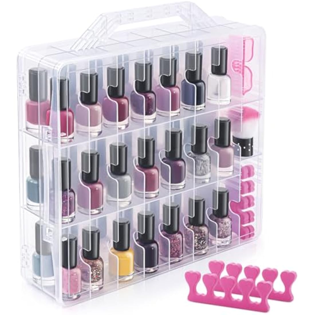 DreamGenius Portable Nail Polish Clear Organizer for 48 Bottles, Double Side and Locking Lids Gel Polish Storage Holder, Space Saver with 8 Adjustable Dividers