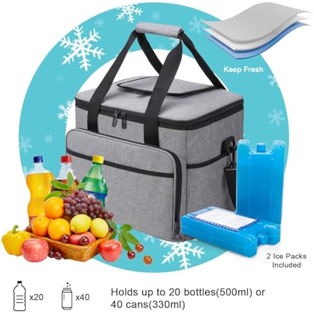 ALLCAMP Large Foldable Insulated Cooler Bag - Thermal Cooler Lunch Bag, Removable Picnic Bag for 2 People, Thick Insulated Picnic Basket - Includes 2 Ice Packs