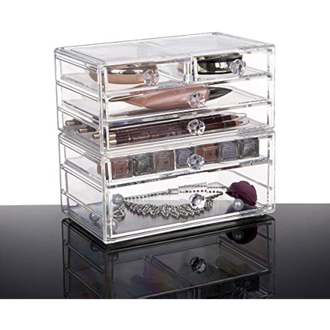 iPEGTOP Acrylic Makeup Organizer Cosmetics Storage Case, Large 6 Drawers Stackable 2 Pieces Clear Makeup Organiser Jewelry Lipstick Holder Display Box for Vanity, Bathroom Counter
