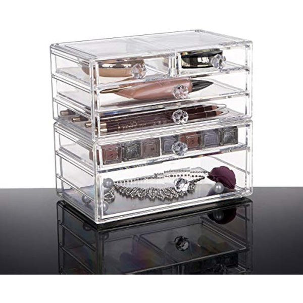 iPEGTOP Acrylic Makeup Organizer Cosmetics Storage Case, Large 6 Drawers Stackable 2 Pieces Clear Makeup Organiser Jewelry Lipstick Holder Display Box for Vanity, Bathroom Counter