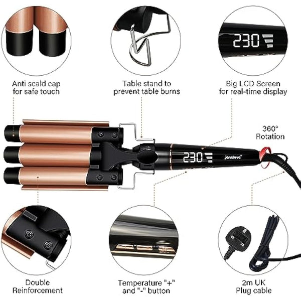 janelove Hair Curler, Curling Wand, with 3 Barrel Hair Waver, from 19 mm to 25mm Waver Curling Wand, LCD Display /180-450°F Temp Adjustment (Gold)