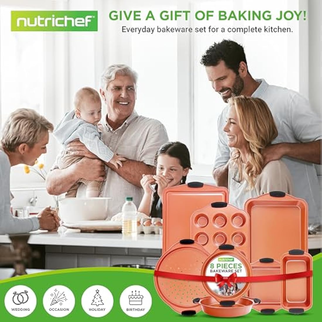 8 Piece Baking Pan Set - PFOA, PFOS, PTFE Free Flexible Nonstick Carbon Steel Bakeware Set - Home Kitchen Bake Pan Cookie Sheet Stackable Baking Tray Set w/Black Silicone Handles