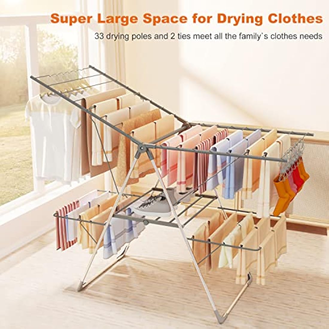 Innotic Clothes Airer with 33 bars, 2-Level Foldable Clothes Drying Rack Indoor Outdoor, Stainless Steel Large Clothes Horse, 6 Height-Adjustable Laundry Drying Rack (Grey)