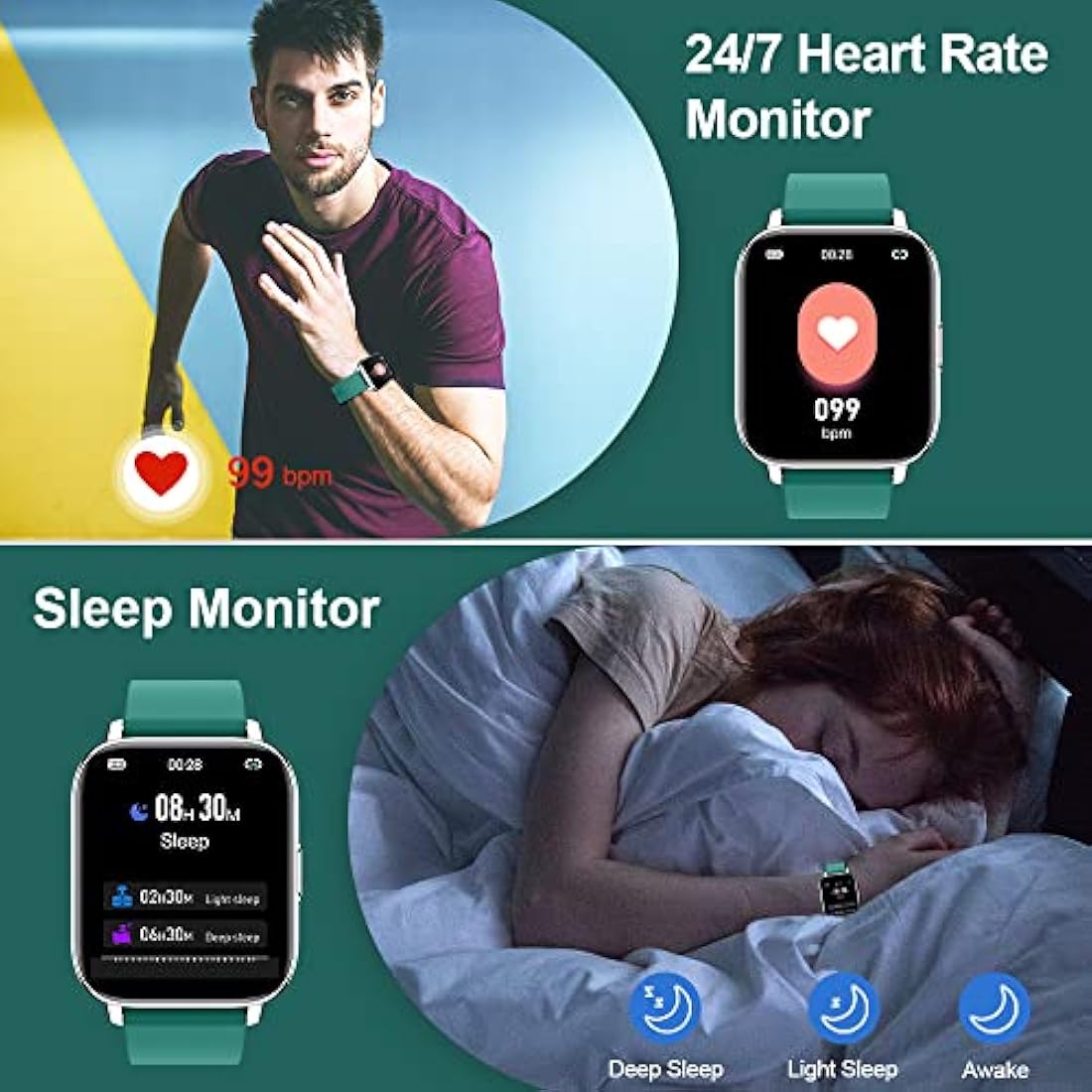 Smart Watch, Fitness Tracker 1.69" Touch Screen Heart Rate Sleep Monitor, IP68 Waterproof Fitness Watch, 24 Modes, Pedometer Step Activity Trackers Smartwatch for Men Women for Android iOS Cyan