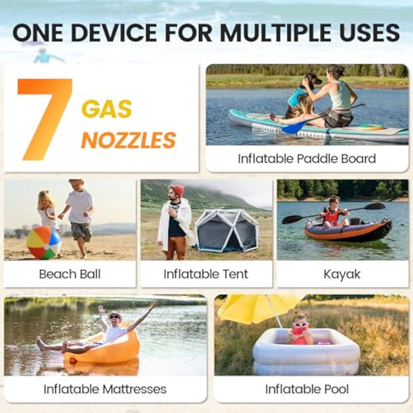 Accwork 20PSI Electric SUP Air Pump, Paddle Board Pump with Inflation & Deflation, Auto-Off, 12V DC Car Connector, 7 nozzles for Inflatable Sup Boards, Boats, Mattress