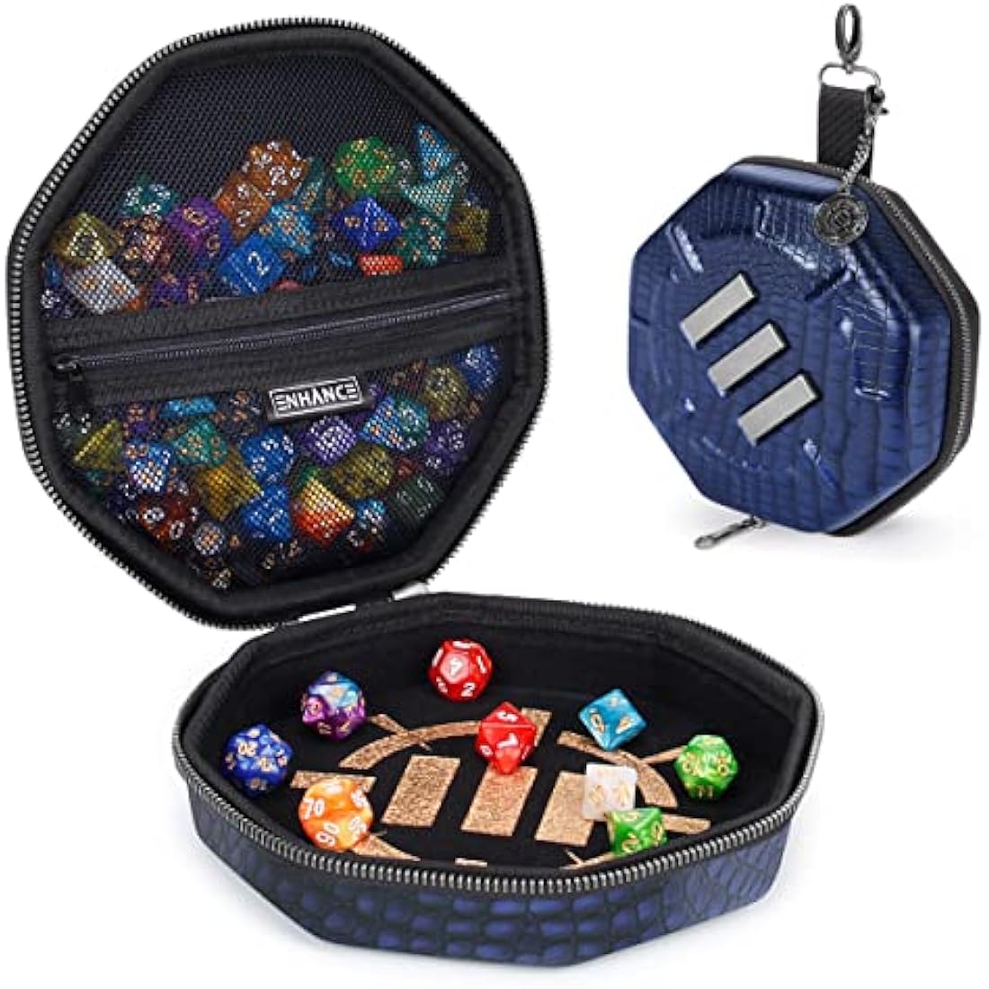 ENHANCE DnD Dice Tray and Case - Collector's Edition DnD Dice Holder for up to 150 D&D Shakers with Hard Shell Exterior and Protective Soft Interior - Rolling Tray Perfect for Game Night (Dragon Blue)