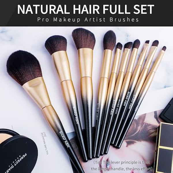 ENZO KEN Natural Sable Hair Makeup Brush Set Professional, Cosmetic Brushes Makeup Set with Gift Box, Natural Hair Makeup Brushes Set with Present Box, Make up Brushes Set. Black Gold