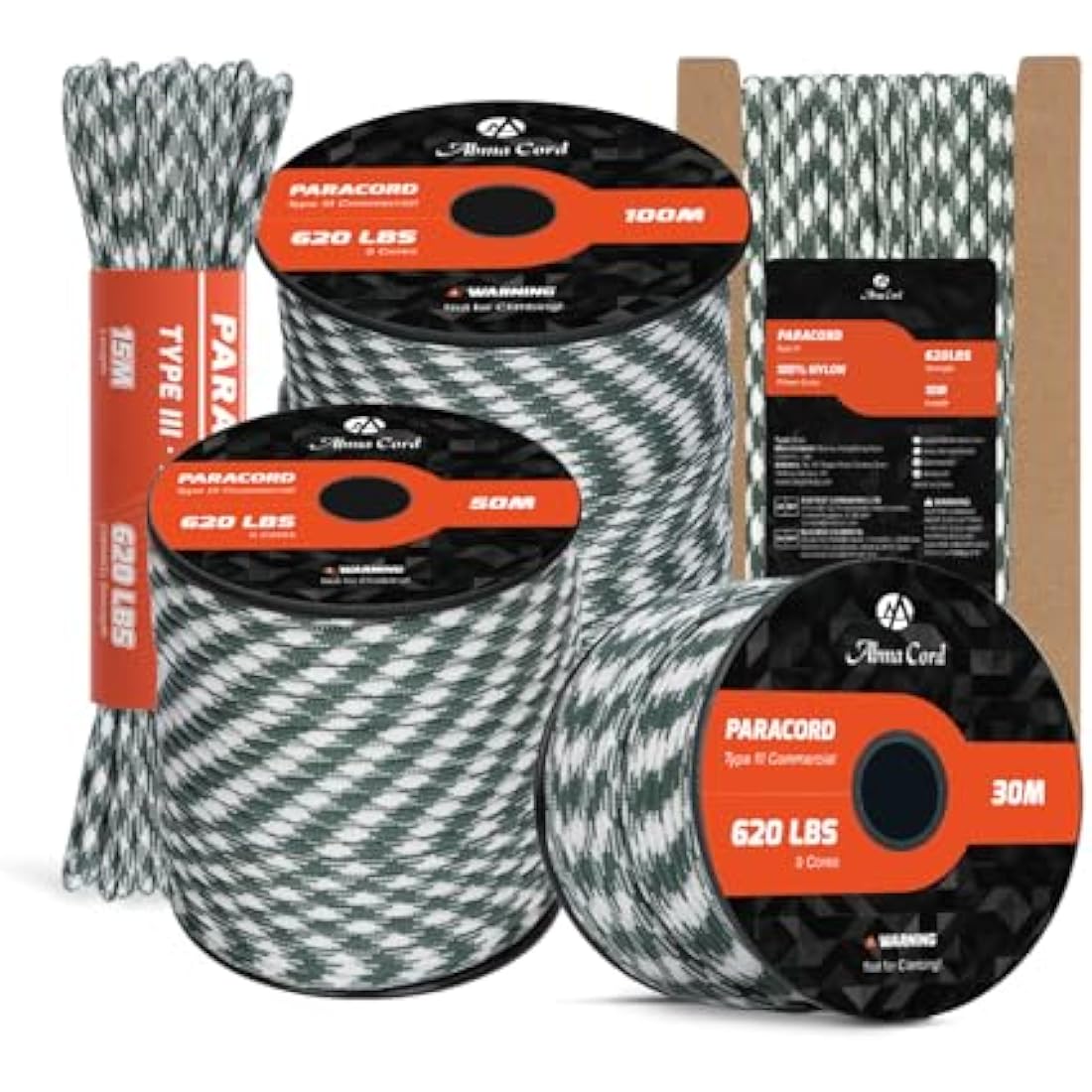 Abma Cord Paracord 4mm 100m 100% Nylon Rope 9 Strands Type III Parachute Cord for DIY, Camping, Survival, Outdoor - Max. 280kg - Shamrock Frost