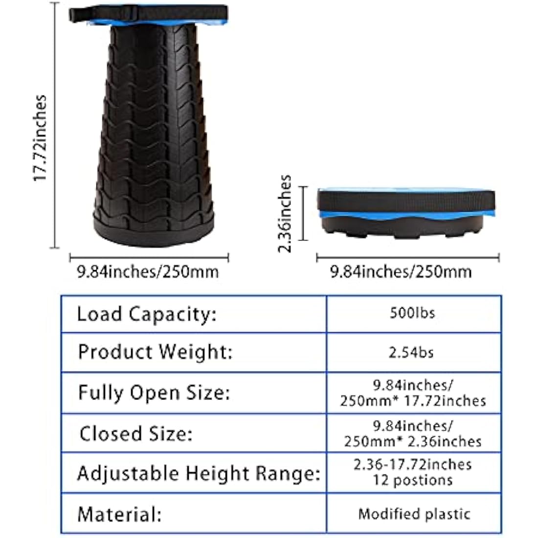 FIEMACH Upgraded Portable Telescopic Stool with Larger Seat - Retractable Square Camping Folding Stool for Adults, Telescoping Collapsible Lightweight Compact Stool (Blue)