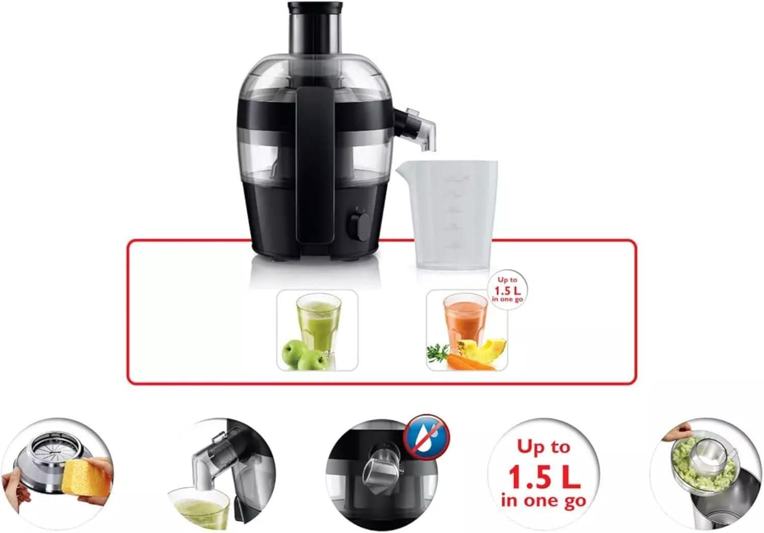 Philips Viva Collection Compact Juicer, 1.5 Litre, 500 Watt, Quick Clean Technology, Drip Stop, Dishwasher Safe Parts, See-through Pulp Container,