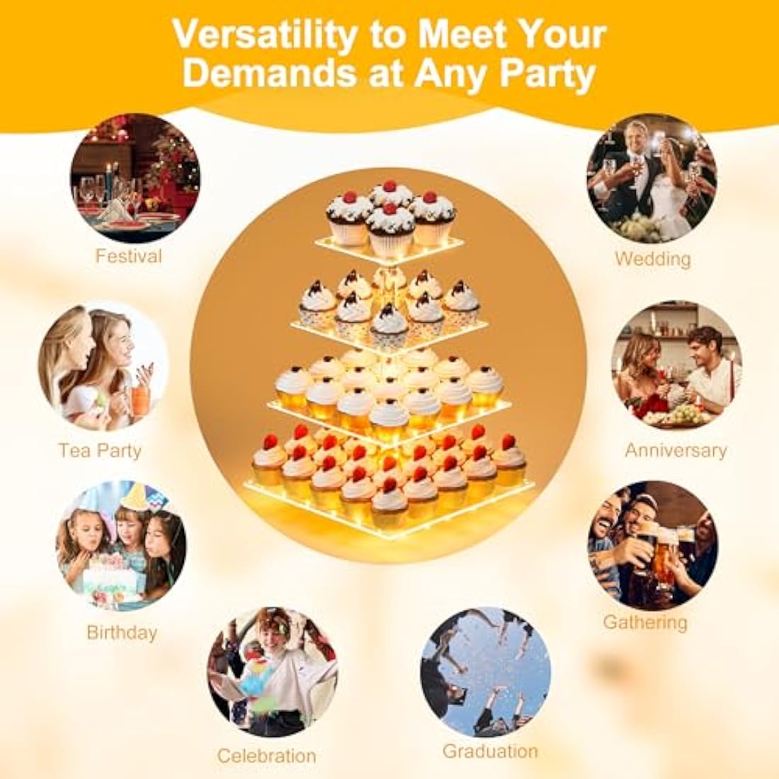 4 Tier Cupcake Stand Acrylic Tower Display with LED Light Premium Holder Dessert Tree Tower for Birthday Cady Bar Décor Weddings, Parties Events (Yellow Light)