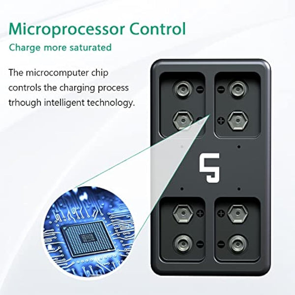 9V Rechargeable Battery Charger Pack, LP 4-Pack 600mAh 9 Volt Li-ion Batteries & 4-Bay Battery Charger for Alarms, Wireless Microphones, Smoke Detectors, Toys, Flashlights, Guitar, Keyboard & More