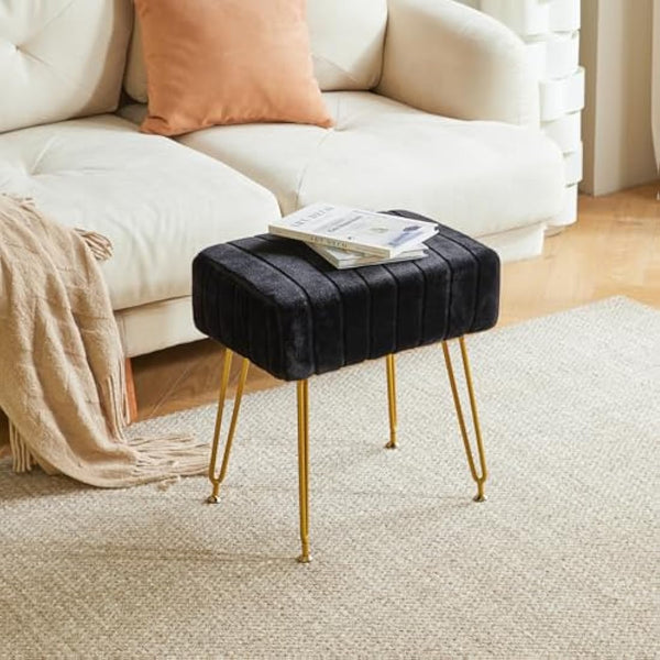 IBUYKE Velvet Rectangular Footrest Ottoman, Makeup Vanity Stool Side Table, Dressing Table Seat, Pouf Couch Stool, Golden Steel Legs, Black L/G-51B