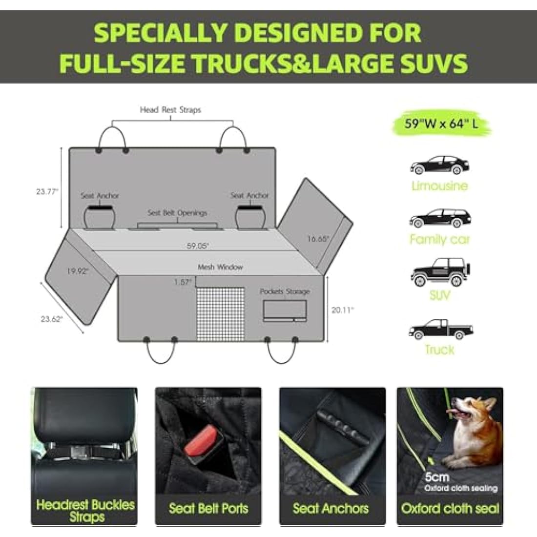 nzonpet Dog Back Seat Covers for Trucks, 100% Waterproof with Big Mesh Window, XL Nonslip Scratchproof Dog Truck Hammock, Heavy Duty Seat Covers for Full Sized Pickup Trucks F150- Green