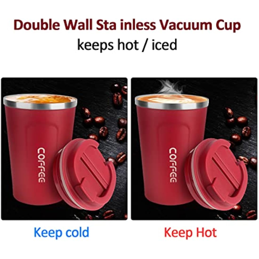 MOMSIV Coffee Cup, 380ml Stainless Steel Coffee Mug with Leak-Proof Lid, Insulated Vacuum Leakproof Travel Mug, Double-Walled Insulated Car Mug for Coffee, Tea Water (Red)