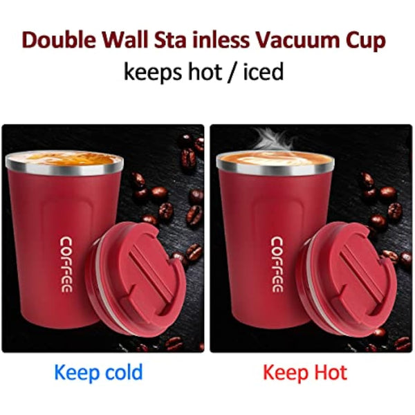 MOMSIV Coffee Cup, 380ml Stainless Steel Coffee Mug with Leak-Proof Lid, Insulated Vacuum Leakproof Travel Mug, Double-Walled Insulated Car Mug for Coffee, Tea Water (Red)