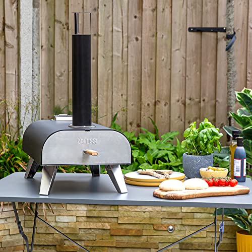 Zanussi ZPO1BPC Outdoor 12 Inch Wood Pellet Portable Wood Fired Pizza Oven with Paddle and Cover in Black, BBQ Oven & Smoker, Stainless Steel Foldable Legs