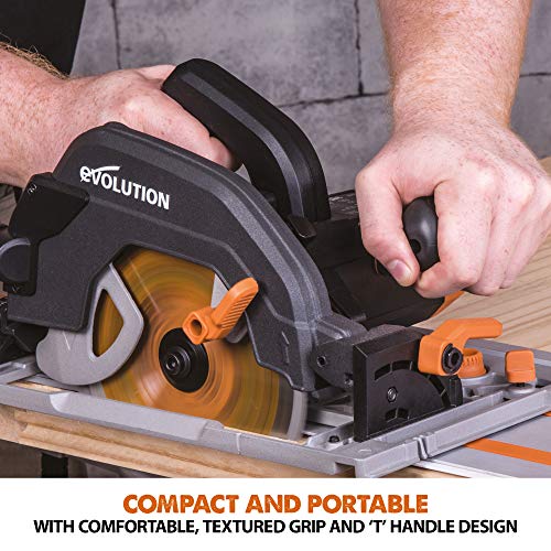 Evolution Power Tools R185CCSX Circular Saw With 1020 mm 3-Piece Track | Multi-Material Blade, Cuts Wood, Metal, Plastic & More | Incl Dust Port Adapter | 185mm (230v)