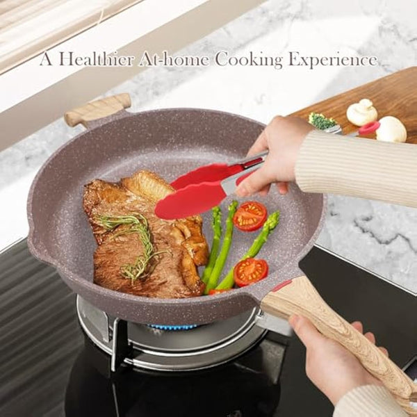 AIKENBBKK 2-in-1 Ceramic Nonstick Deep Frying Pan Skillet, 32cm Frying Pan with Lid Healthy Ceramic Non-Stick Coating, PFOA/PTFE-Free- Brown