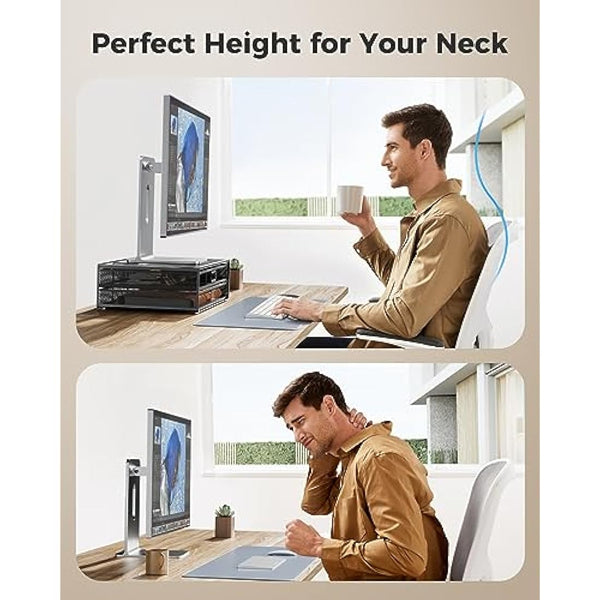 HUANUO Monitor Stand with 2 Storage Drawers - Metal Mesh Desk Organisers, Support Laptop, Notebook, PC, Monitor, Printer, Scanner up to 15 KG