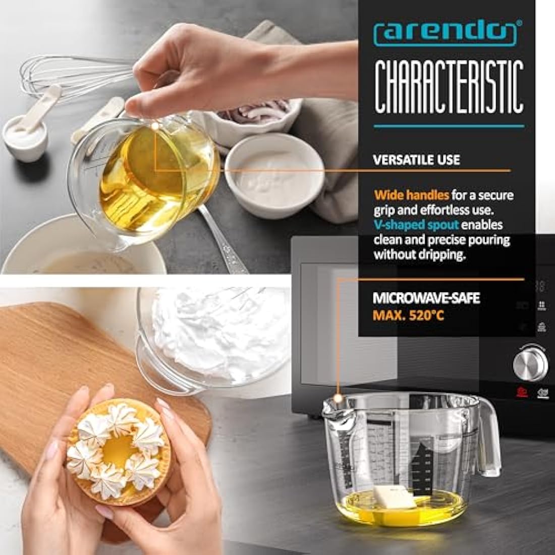 Arendo Set of Glass Measuring jugs, 250ml, 500ml, 1000ml (0.2l 0.5l 1l), Glass Measuring Cup, Transparent Borosilicate - Measuring jug, Accurate Scales, Microwave Safe