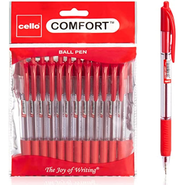 Cello Red Ballpoint Pens - Premium Retractable Biro Pens with Ergonomic Grip, Medium Point 1.0mm, Pack of 12 - Ideal for Office, School & Home Writing, Red Pen