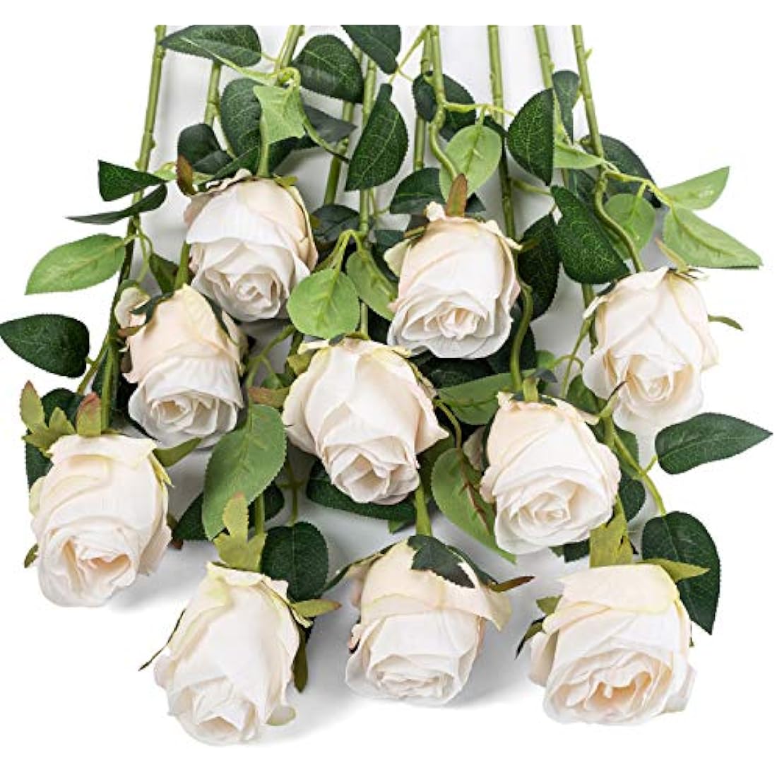 Flojery 10pcs Artificial Rose Flowers Long Stem Fake Silk Roses for DIY Wedding Bouquet Table Centerpiece Home Decor (White)