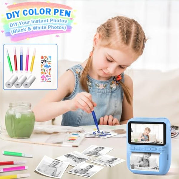 Hangrui Kids Camera Instant Print,3.0'' 1080P Kids Instant Print Camera with 32G Card,3 Rolls Printing Paper and 5 Color Pens, Gift Toy for Girls Boys 3-12 Years Old -Blue