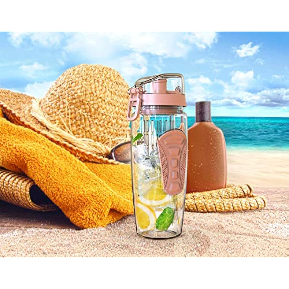 Fruit Infuser Water Bottle 32oz Durable with Detachable Ice Gel Ball,Large - BPA Free Tritan, Flip Lid, Leak Proof Design - Sports, Camping (Gold)