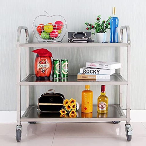 HLC 3 Tier Stainless Steel Serving Catering Trolley Wheels Utility Cart Kitchen Cart Serving Trolley with Locking Wheels for Kitchen Hotels - 750x400x835MM