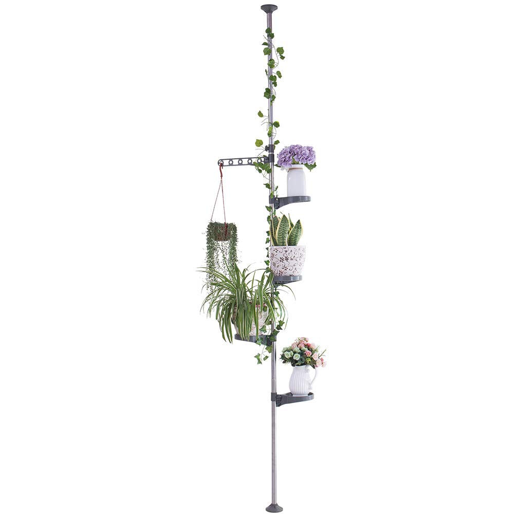 Hershii 5-Layer Indoor Plant Stand Pole Spring Tension Rod Corner Flower Display Rack Holder Adjustable Telescopic Floor to Ceiling Shelf Space Saving