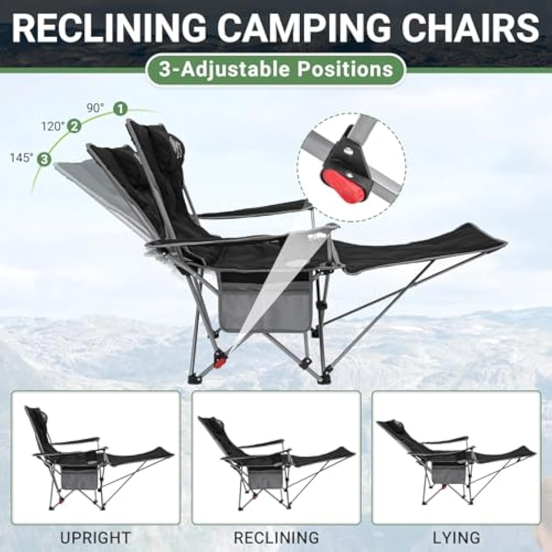 #WEJOY Camping Chairs Folding Recliner Chair Adjustable with Detachable Footrest Headrest Cup Holder Lightweight Portable Padded Reclining Camp Chair Fold Up Chair for Beach Garden,Black Set of 2