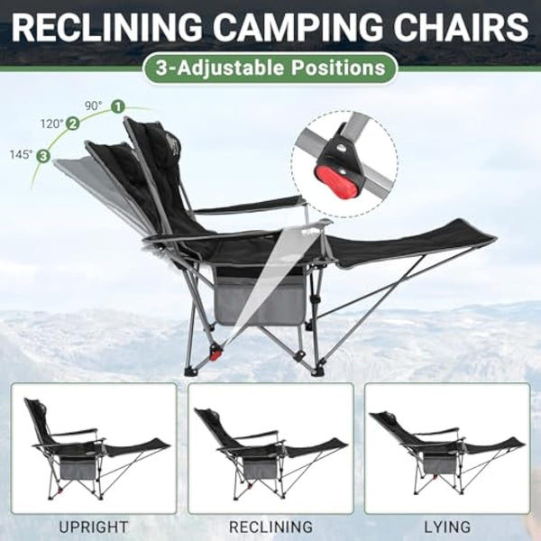 #WEJOY Camping Chairs Folding Recliner Chair Adjustable with Detachable Footrest Headrest Cup Holder Lightweight Portable Padded Reclining Camp Chair Fold Up Chair for Beach Garden,Black Set of 2