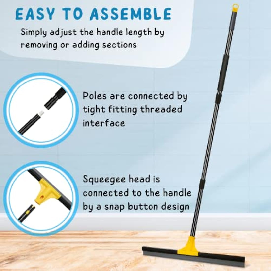 Floor Squeegee Outdoor Heavy Duty, 60cm Rubber Squeegee Broom with Long Handle 160cm for Cleaning Garage Courtyard Bathroom Shower Glass Window Tile Concrete Deck Marble Water