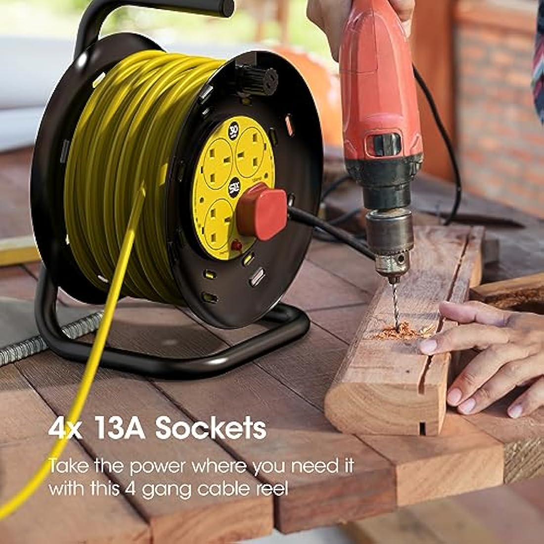 Extension Lead 30m Heavy Duty Cable Reel, 4 Socket Cord Reel UK Plug Socket with Thermal Cut-Out Protection 13A Fused Plug