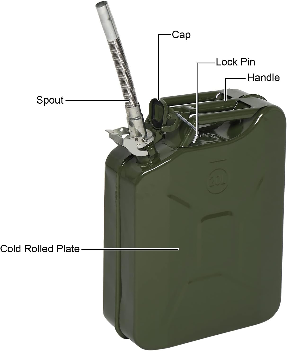 Karlhome 20 L Metal Gas Can Fuel Tank Can Petrol Diesel Storage Can Portable with Flexible Spout, for Automobile Vehicle Off Road Emergency Supply, Green