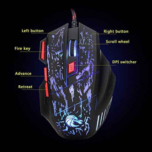 Docooler Single Handed Gaming Keyboard and Mouse Combo LED Backlight Wired Gaming Mouse with Breathing Light 5500 Movement Speed 7 Button from HXSJ