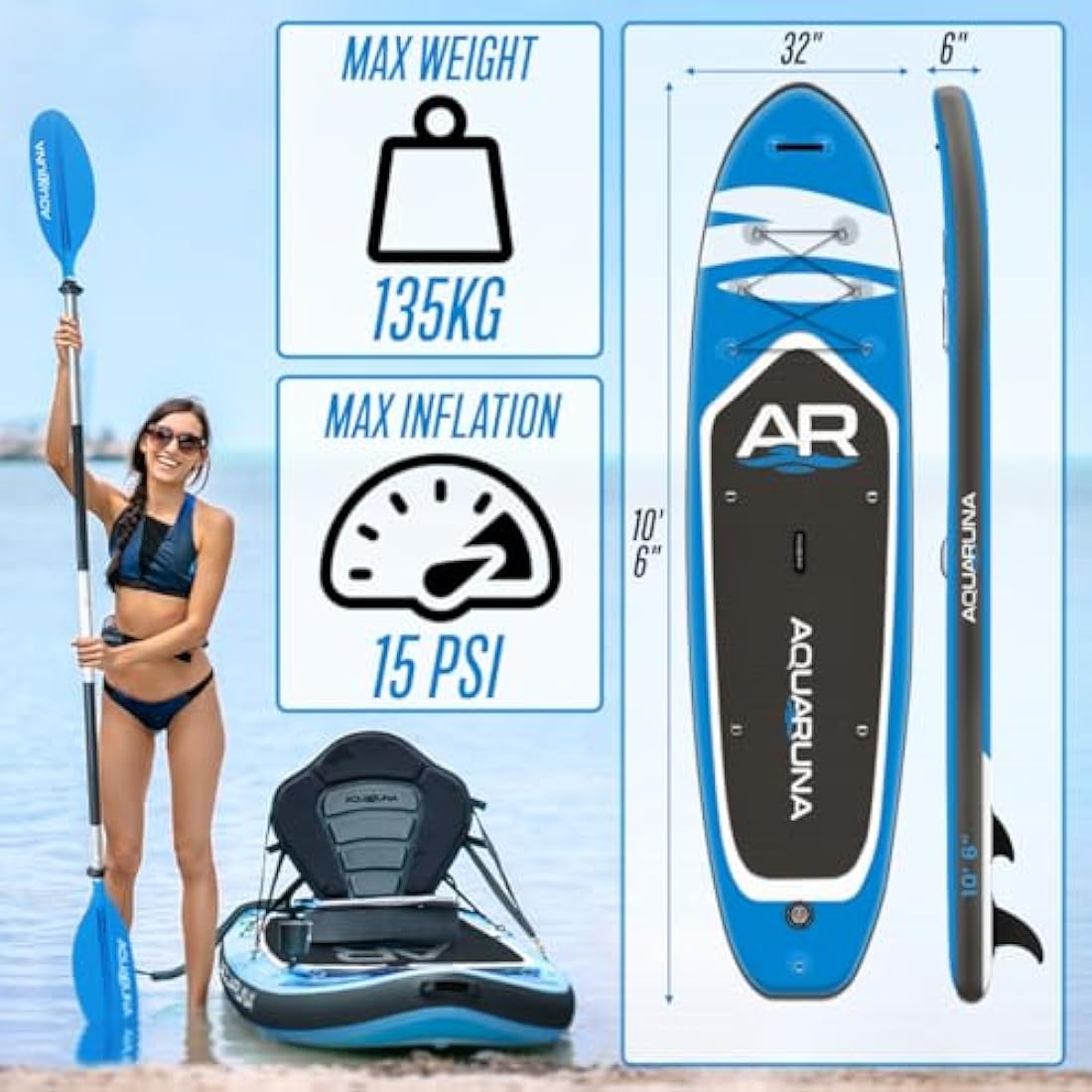 Aquaruna Inflatable Stand Up Paddleboard SUP Inflatable Paddle Board Accessories Bundle Ultra-Durable Military Grade PVC