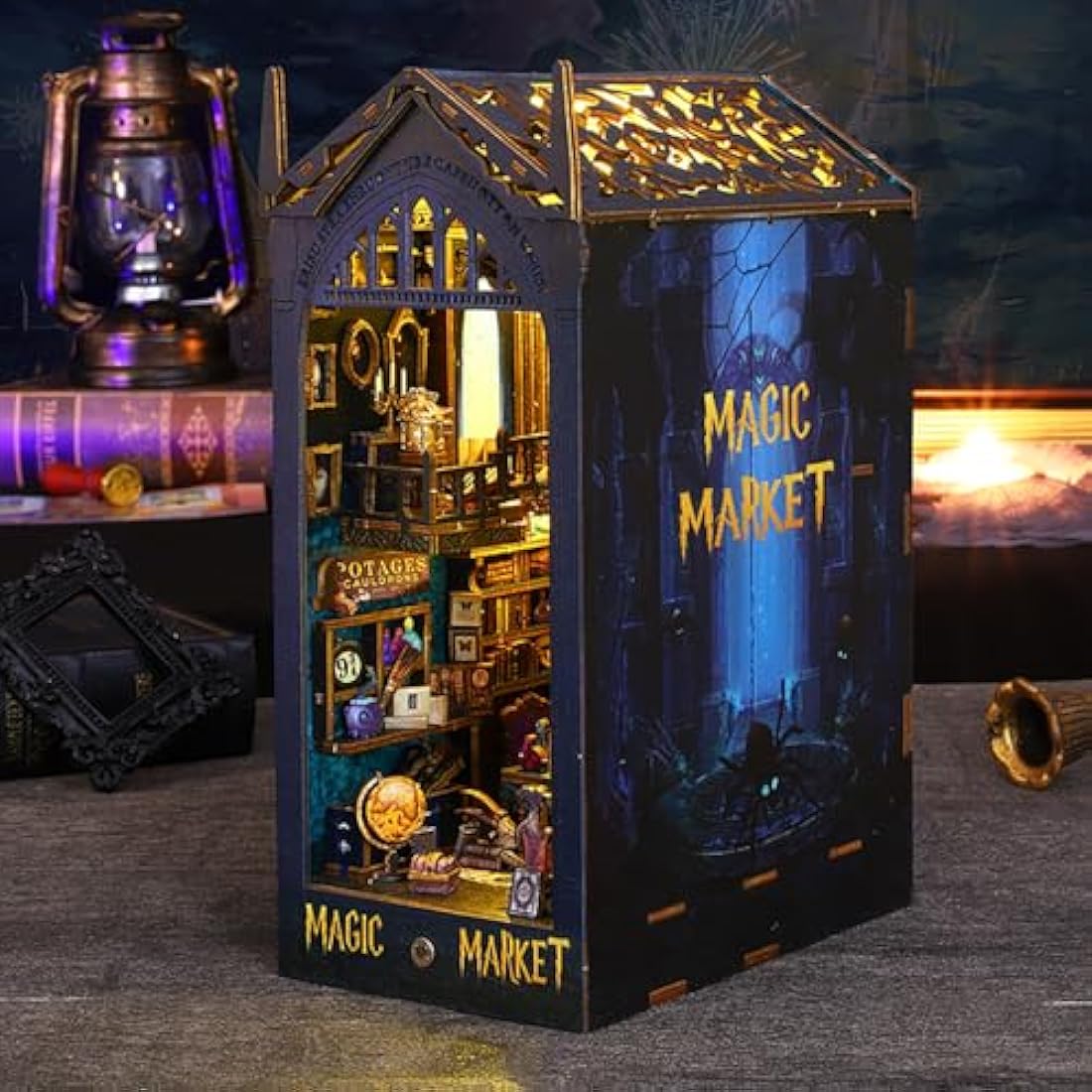 DIY Book Nook Kit - DIY Miniature Dolls House Kit with Furniture and LED Light, 3D Puzzle Wooden Art Bookends, Model Kits for Adults to Build (Magic Bazaar)
