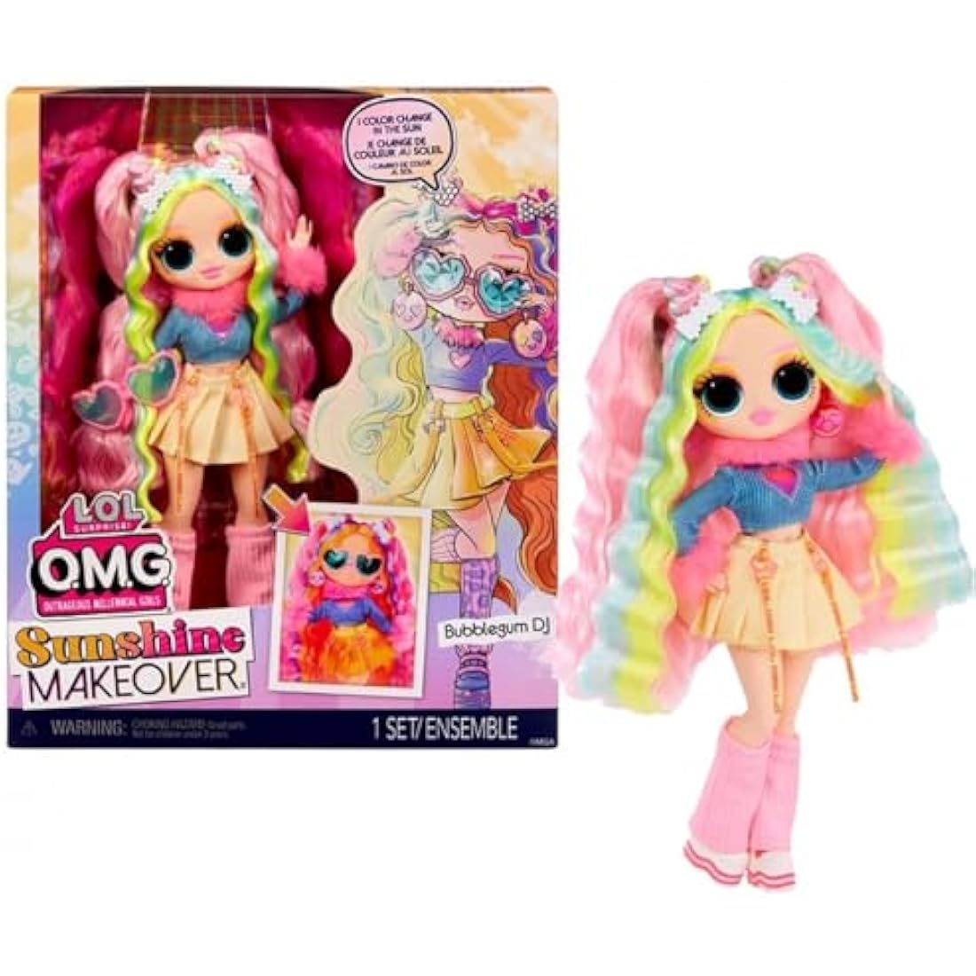 L.O.L. Surprise OMG Sunshine Makeover Fashion Doll - BUBBLEGUM DJ - Includes UV Colour Change in the Sun, Multiple Surprises, and Fabulous Accessories - Great Gift for Kids Ages 4+