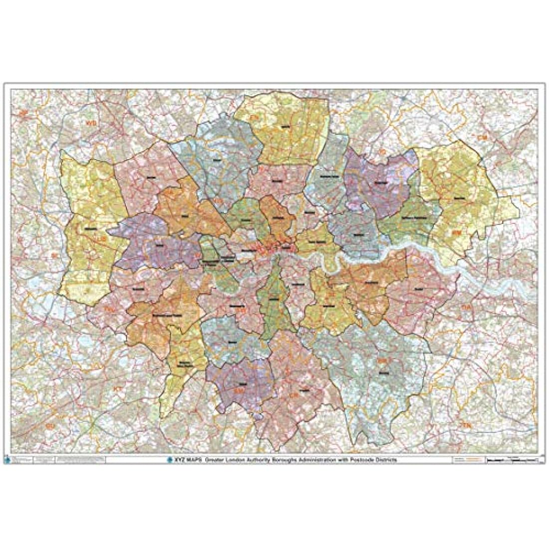 Greater London Authority Boroughs with Postcode Districts Wall Map - 47" x 33.25" Laminated